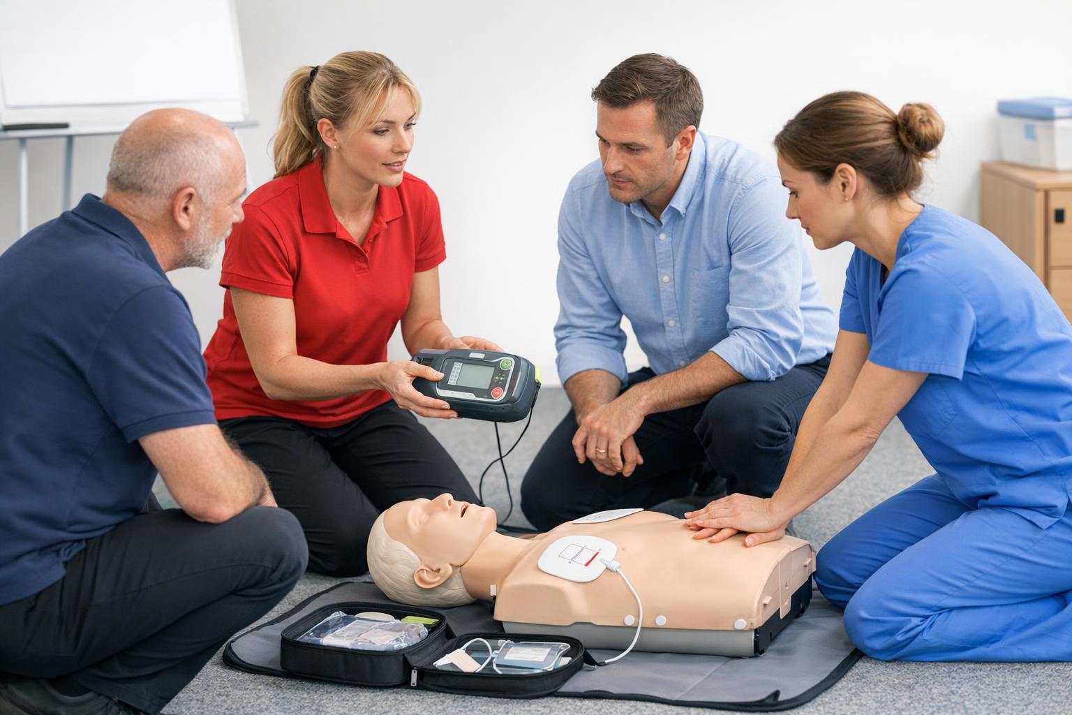 Zdjęcie personelu szkolącego się w obsłudze defibrylatora AED podczas ćwiczeń praktycznych